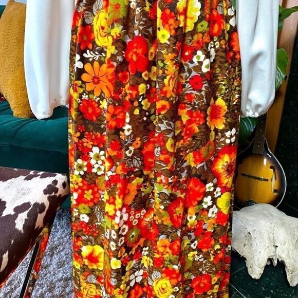 Beyond Babely Vintage 60s 70s DAY GLO Neon Velvet Floral Twofer Style Maxi Dress - Picture 8 of 12